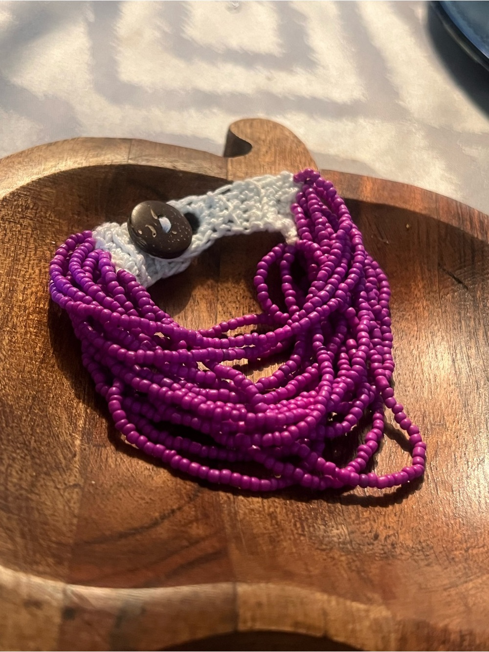 Vibrant Purple Multi-Strand Seed Bead Bracelet with White Crochet Band